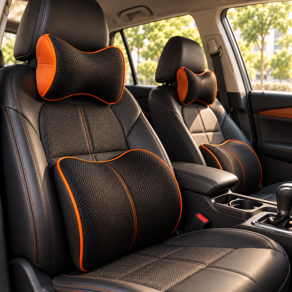Car interior with black and orange seat cushions