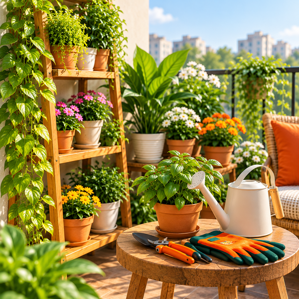 Sunny balcony garden with potted plants and gardening tools