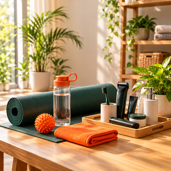 Wellness corner with yoga mat, water bottle and grooming essentials