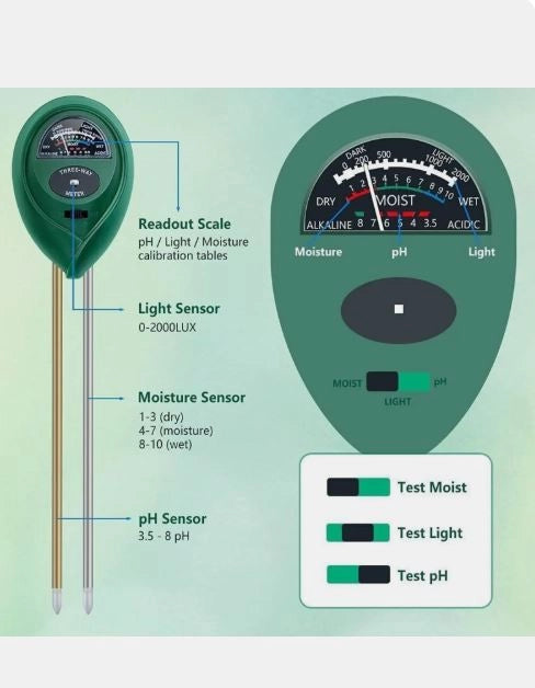 3-in-1 Soil Moisture, pH & Light Meter, Pack of 2