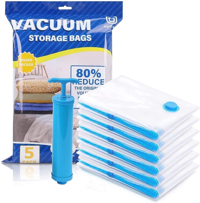 Reusable Vacuum Storage Bags with Hand Pump, Pack of 5